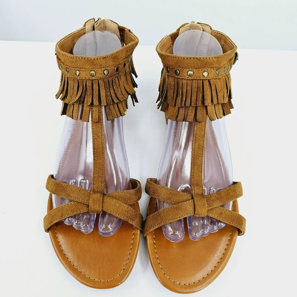 Indigo Rd Cross Fringe Sandals 8.5 Brown Ankle Cuff Zip Back Studs T Strap Boho - Picture 5 of 14